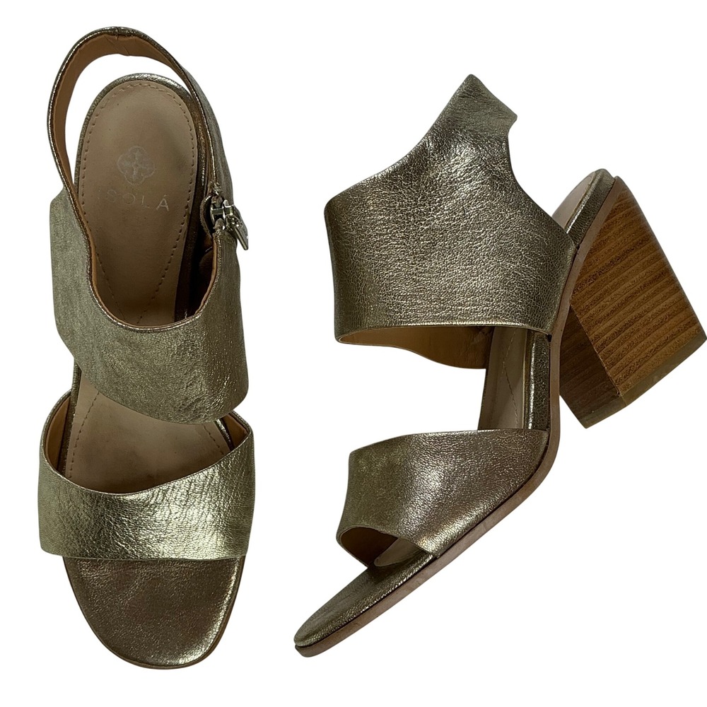 Isola Gold Metallic Block Heel Sandal Women 8.5M Leather Zip IS0000563